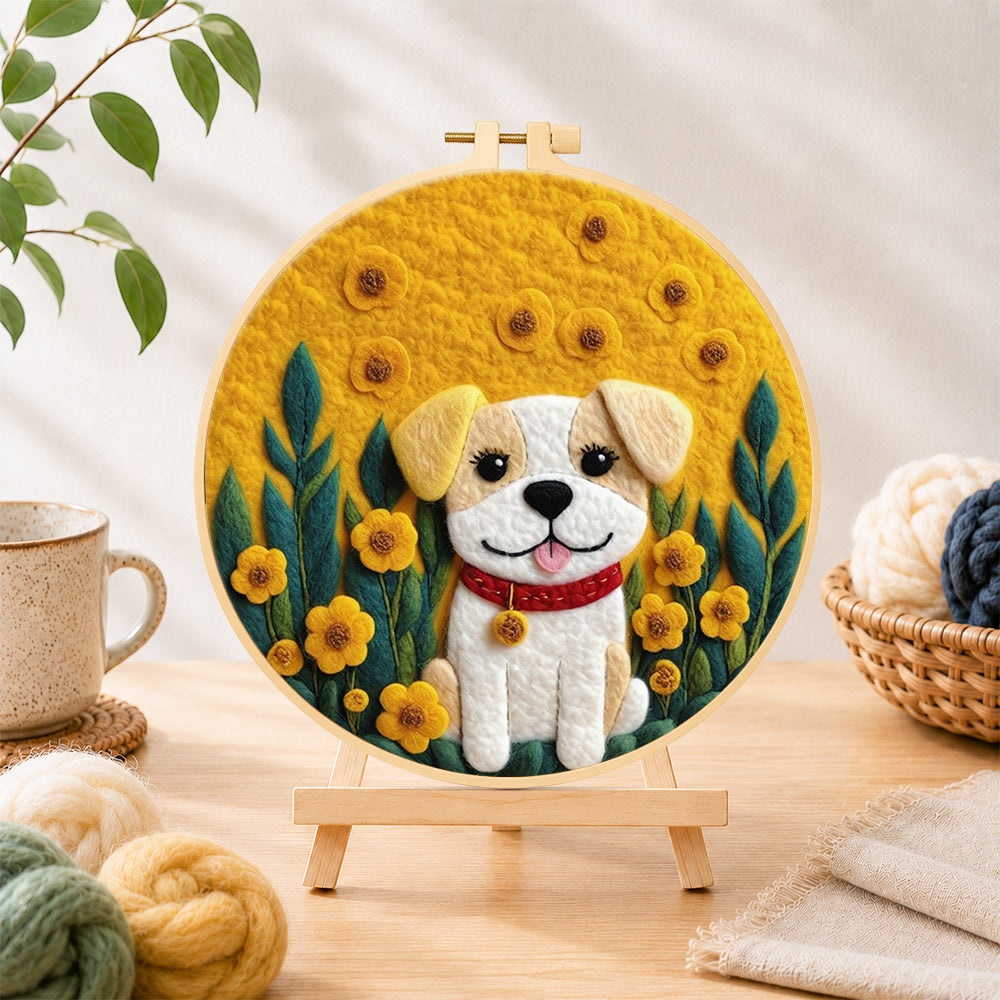 Finished happy dog with yellow flowers needle felting displayed on a wooden easel