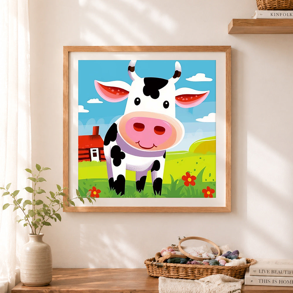 Finished happy farm cow cross stitch artwork displayed as home decor