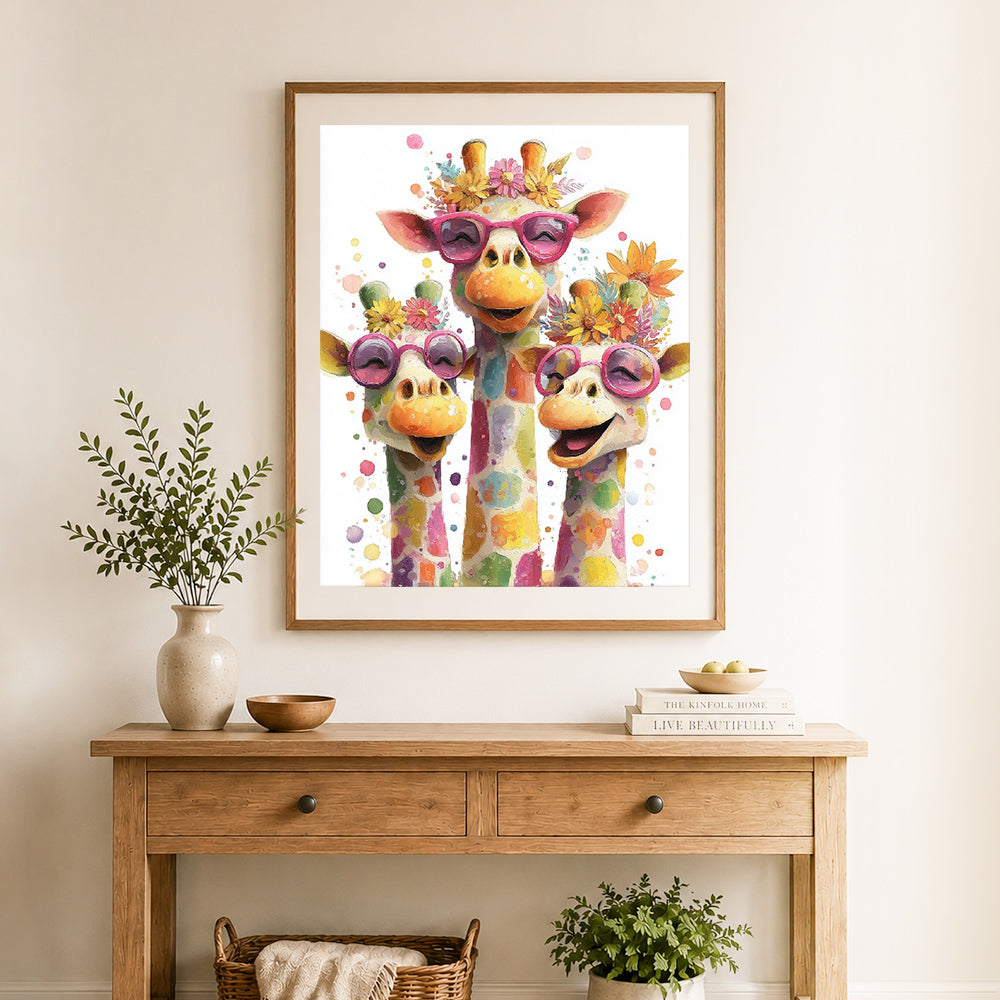 Finished happy giraffe family cross stitch artwork displayed as home decor