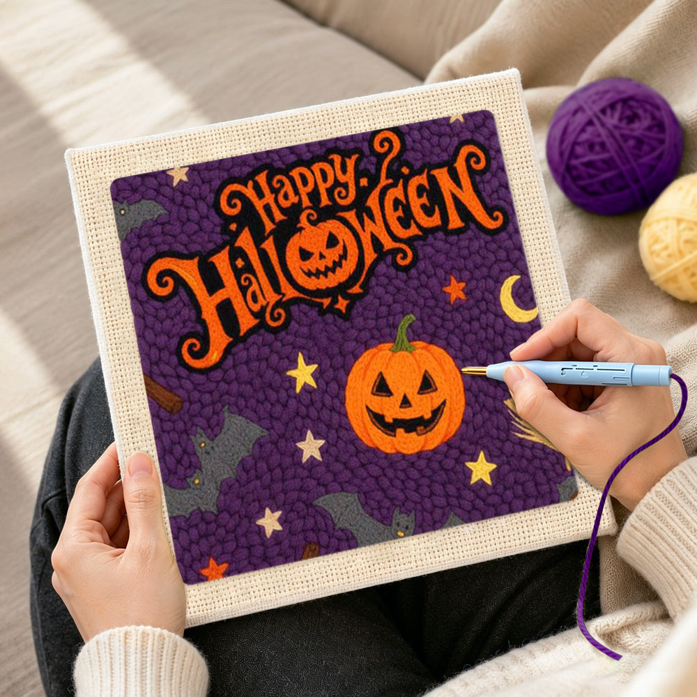 Creating handmade happy halloween greeting punch needle artwork