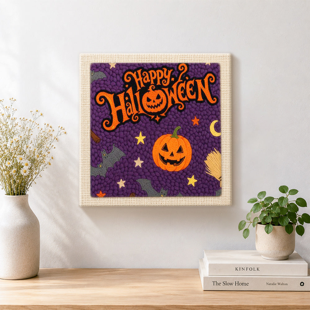 Finished happy halloween greeting artwork displayed on a wall