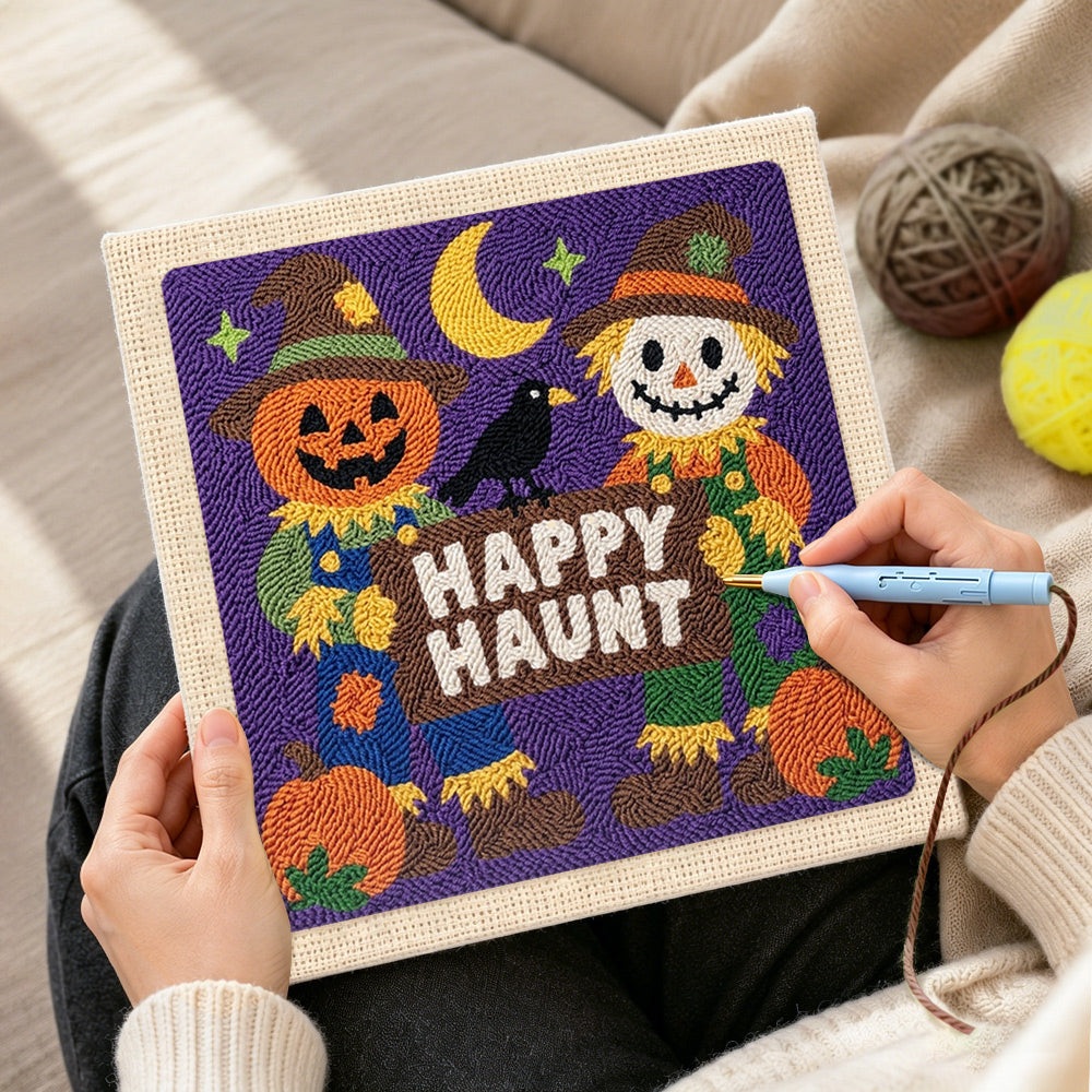 Creating handmade happy haunt scarecrow pair punch needle artwork