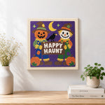 Finished happy haunt scarecrow pair artwork displayed on a wall
