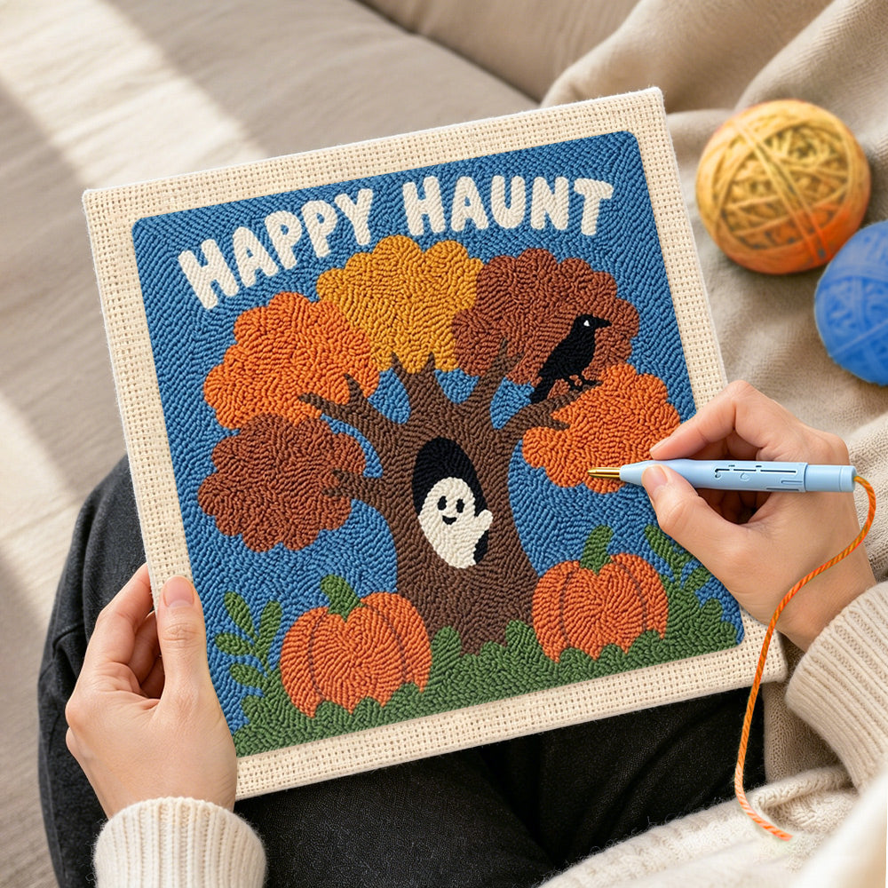Creating handmade happy haunt tree punch needle artwork