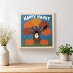Finished happy haunt tree artwork displayed on a wall