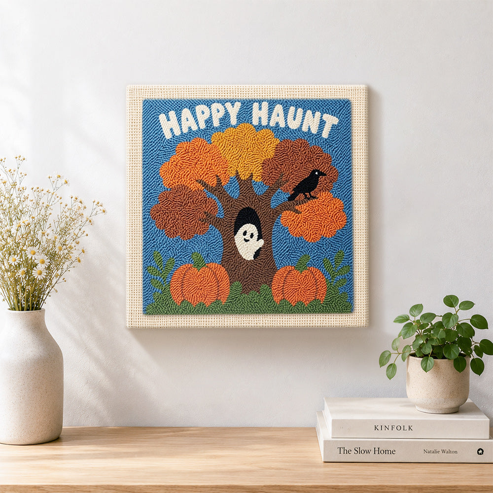 Finished happy haunt tree artwork displayed on a wall