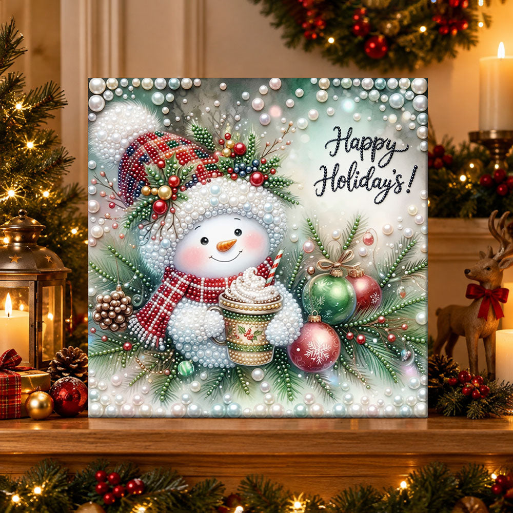 Finished happy holidays snowman pearl diamond painting artwork displayed as holiday home decor