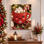 Finished happy hot cocoa mug pearl diamond painting artwork displayed as holiday home decor