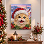 Finished happy kitten with santa hat pearl diamond painting artwork displayed as holiday home decor
