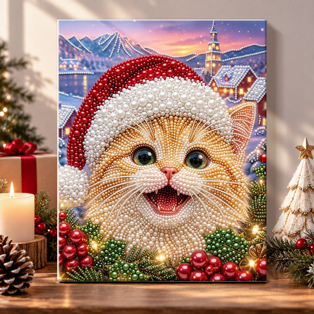 Happy kitten with santa hat pearl diamond painting kit for beginners