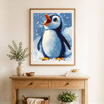 Finished happy little penguin cross stitch artwork displayed as home decor