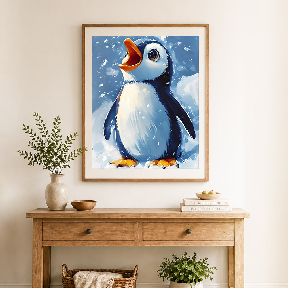 Finished happy little penguin cross stitch artwork displayed as home decor