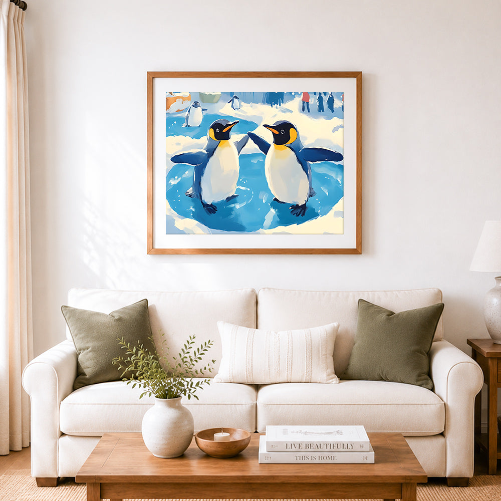 Finished happy penguins playing cross stitch artwork displayed as home decor