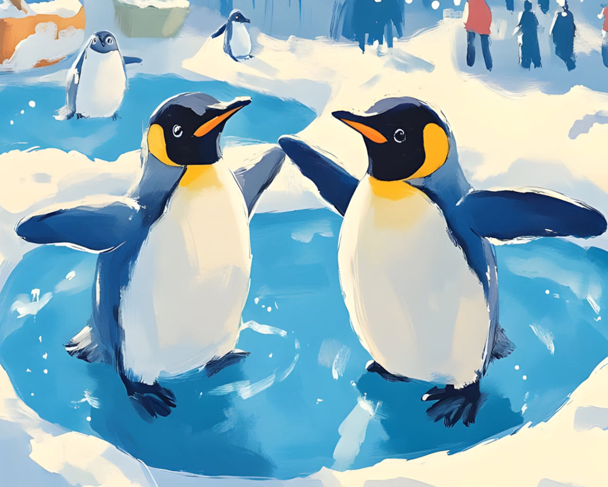 Happy penguins playing cross stitch kit for beginners