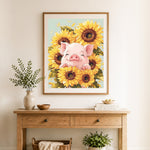 Finished happy piglet among sunflowers cross stitch artwork displayed as home decor