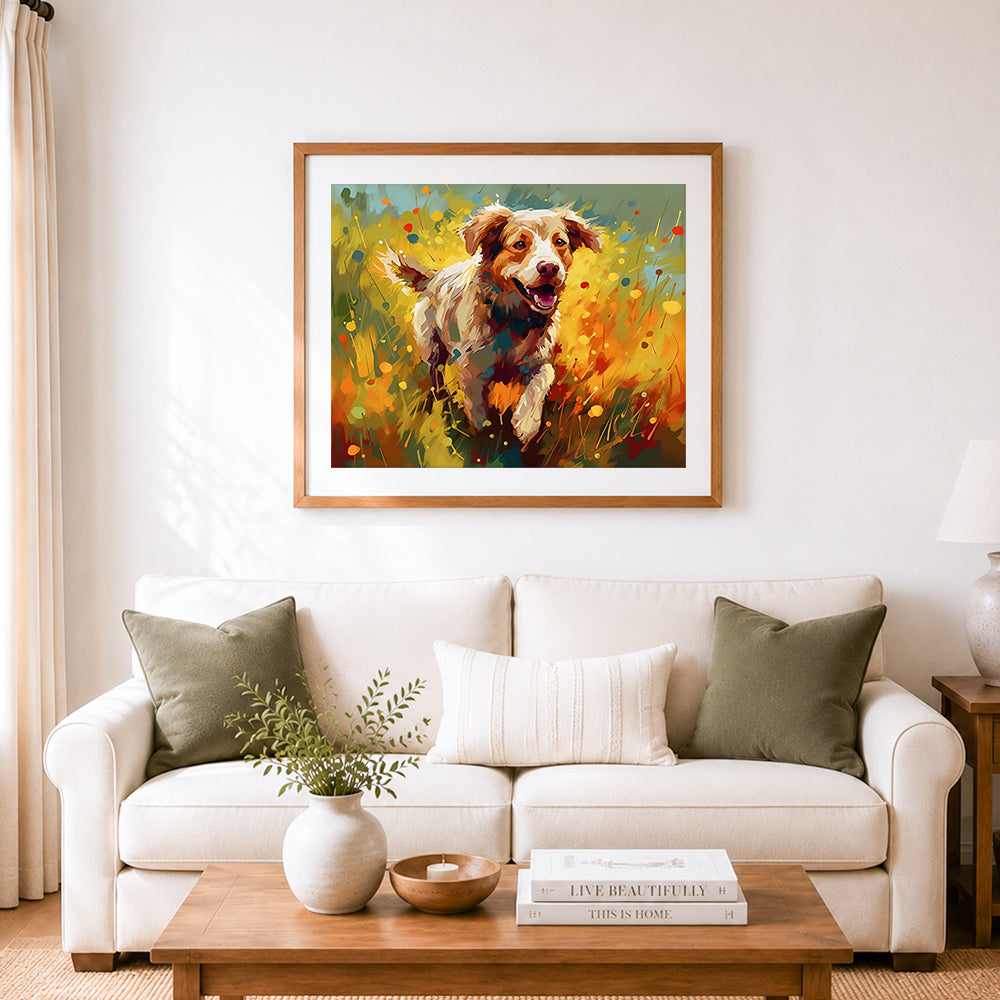 Finished happy puppy running in grass cross stitch artwork displayed as home decor