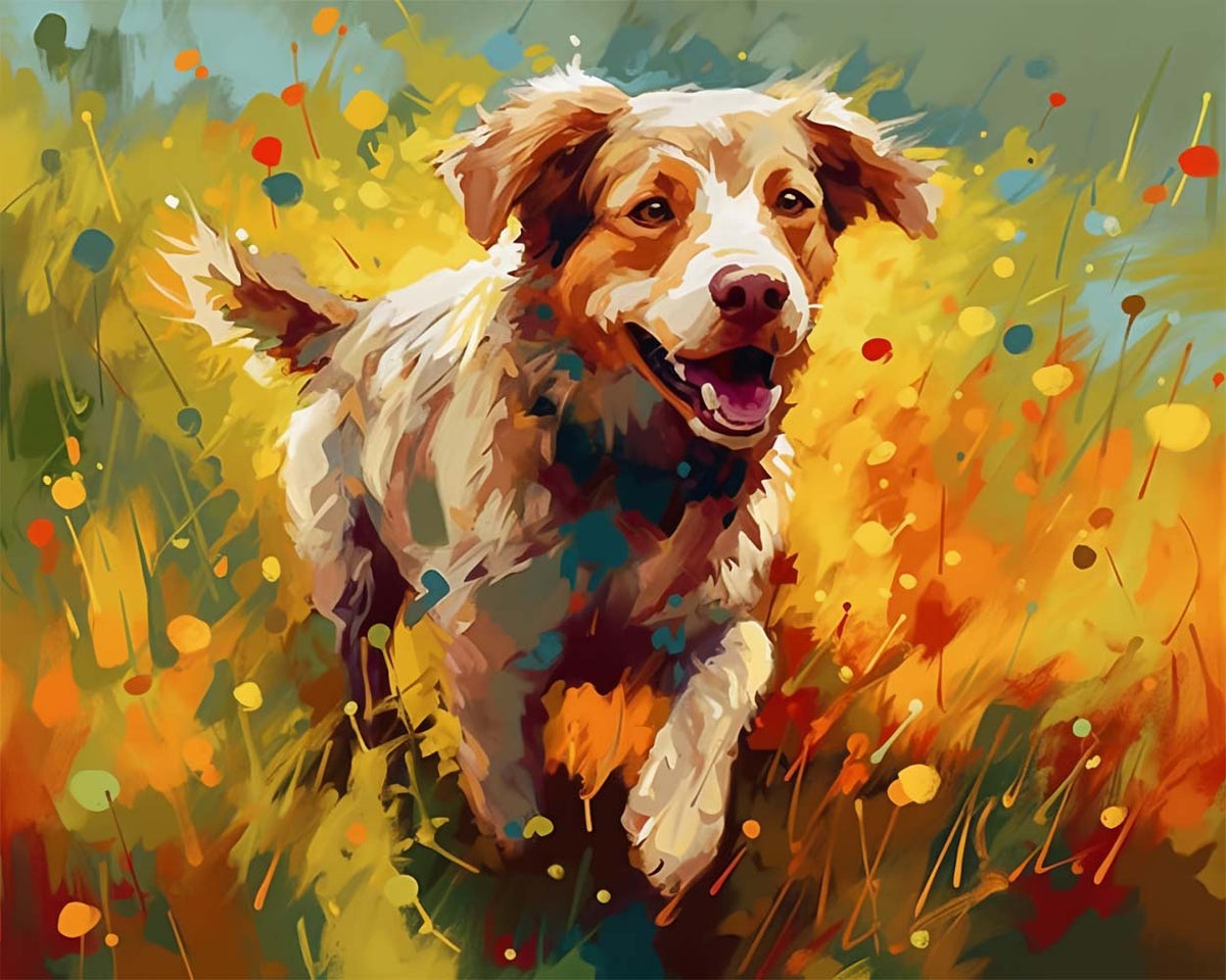 Happy puppy running in grass cross stitch kit for beginners