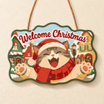 Happy santa cat in snow town paint by numbers door hanger finished design