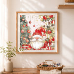 Finished happy santa claus with gifts cross stitch artwork displayed as home decor