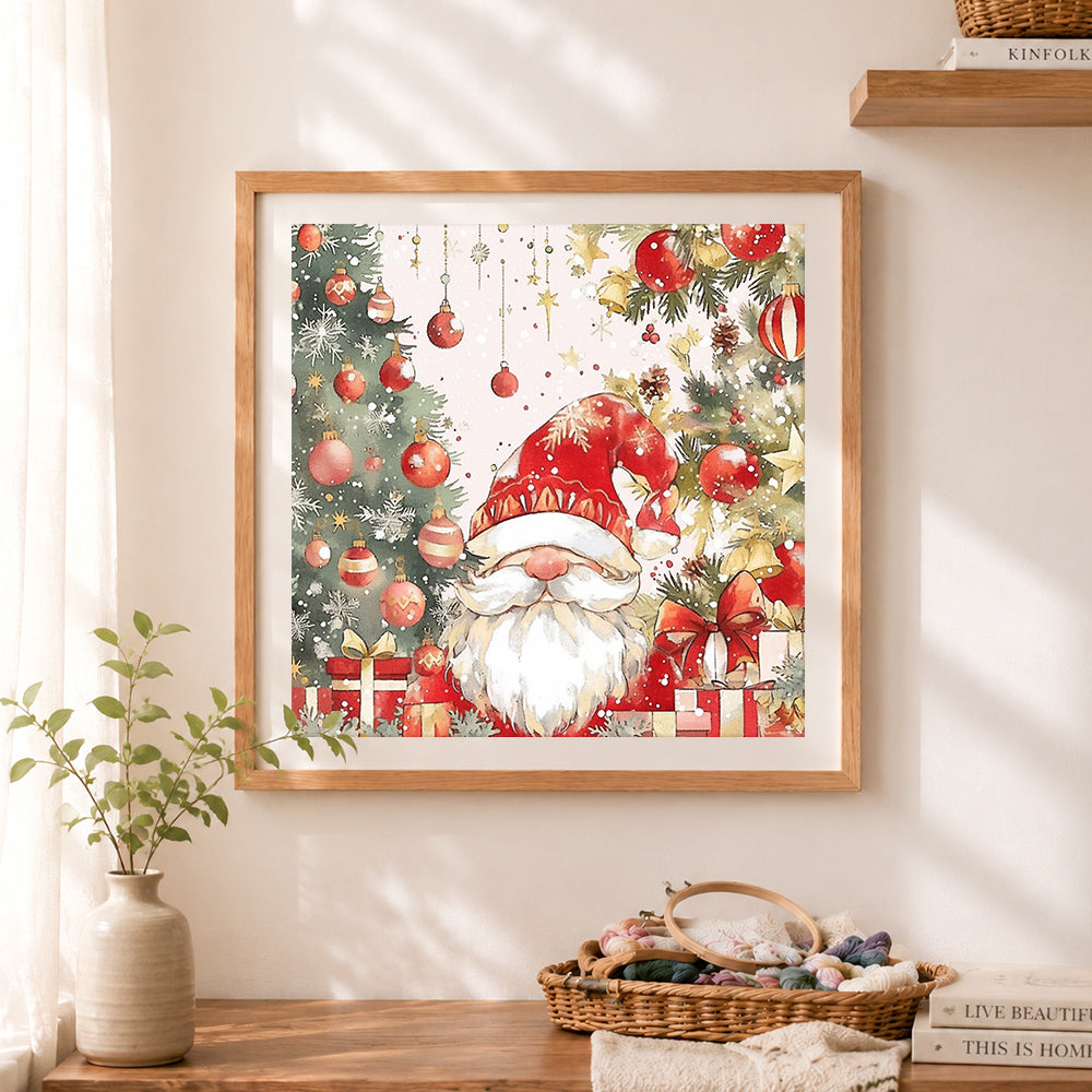 Finished happy santa claus with gifts cross stitch artwork displayed as home decor