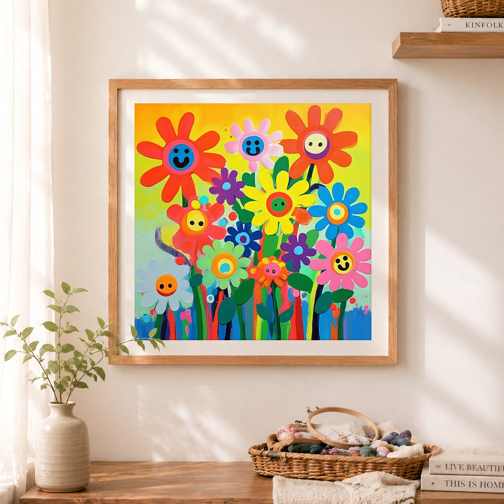 Finished happy smiley face flowers cross stitch artwork displayed as home decor