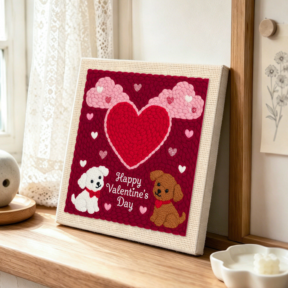 "Happy valentine's day" puppies punch needle artwork displayed on a table
