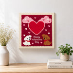 Finished "happy valentine's day" puppies artwork displayed on a wall