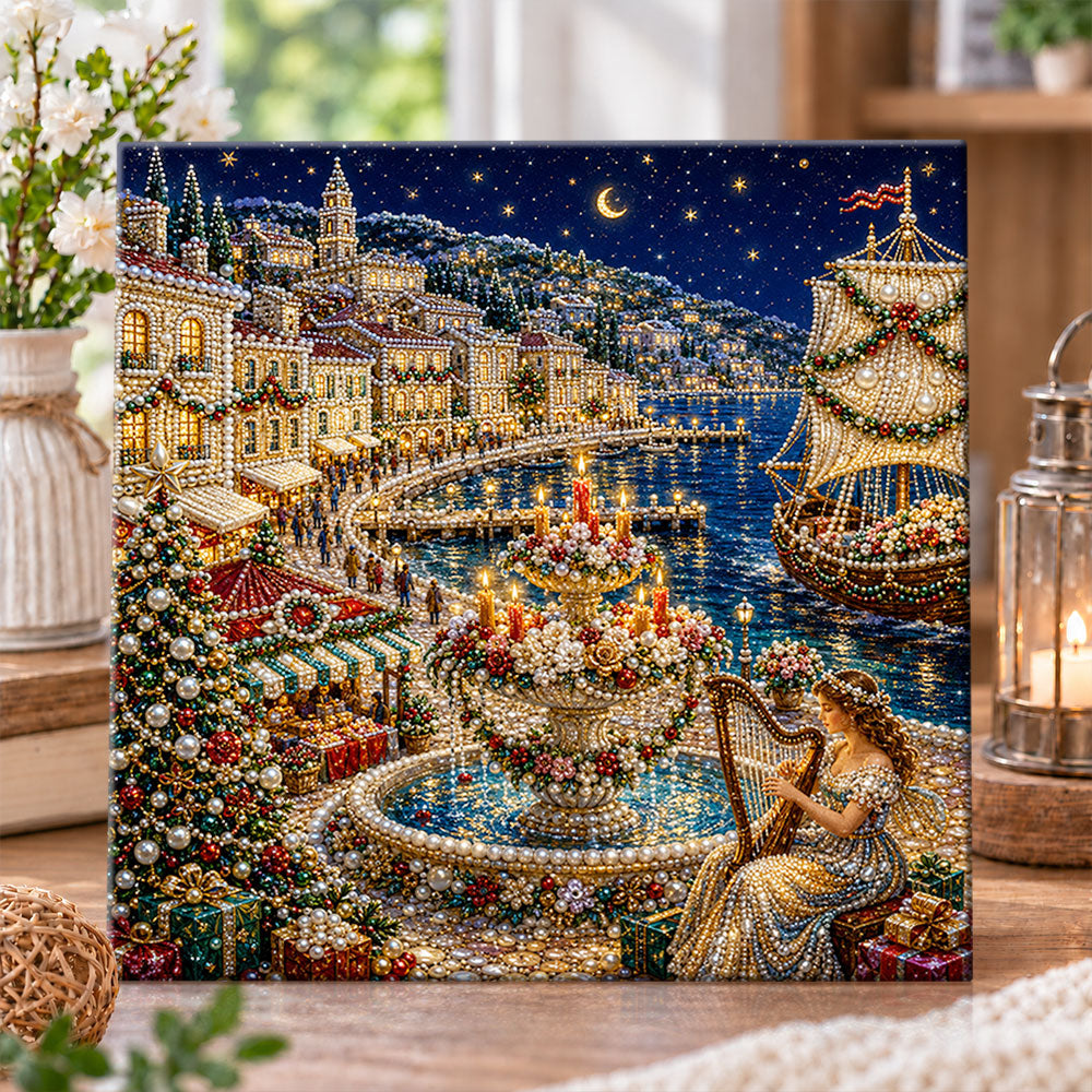 Harbor night with harp lady pearl diamond painting kit for beginners
