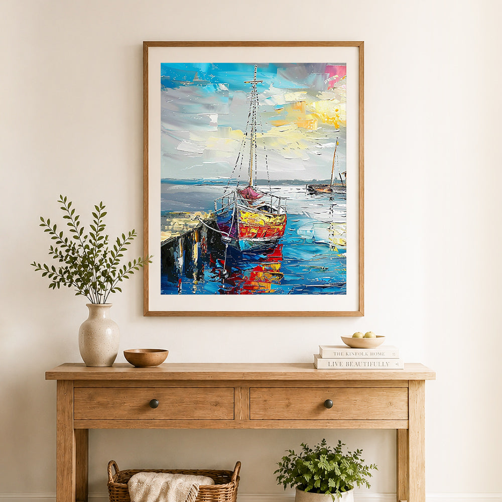 Finished harbour fishing boat cross stitch artwork displayed as home decor