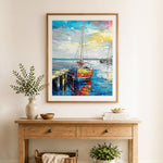 Finished harbour fishing boat cross stitch artwork displayed as home decor