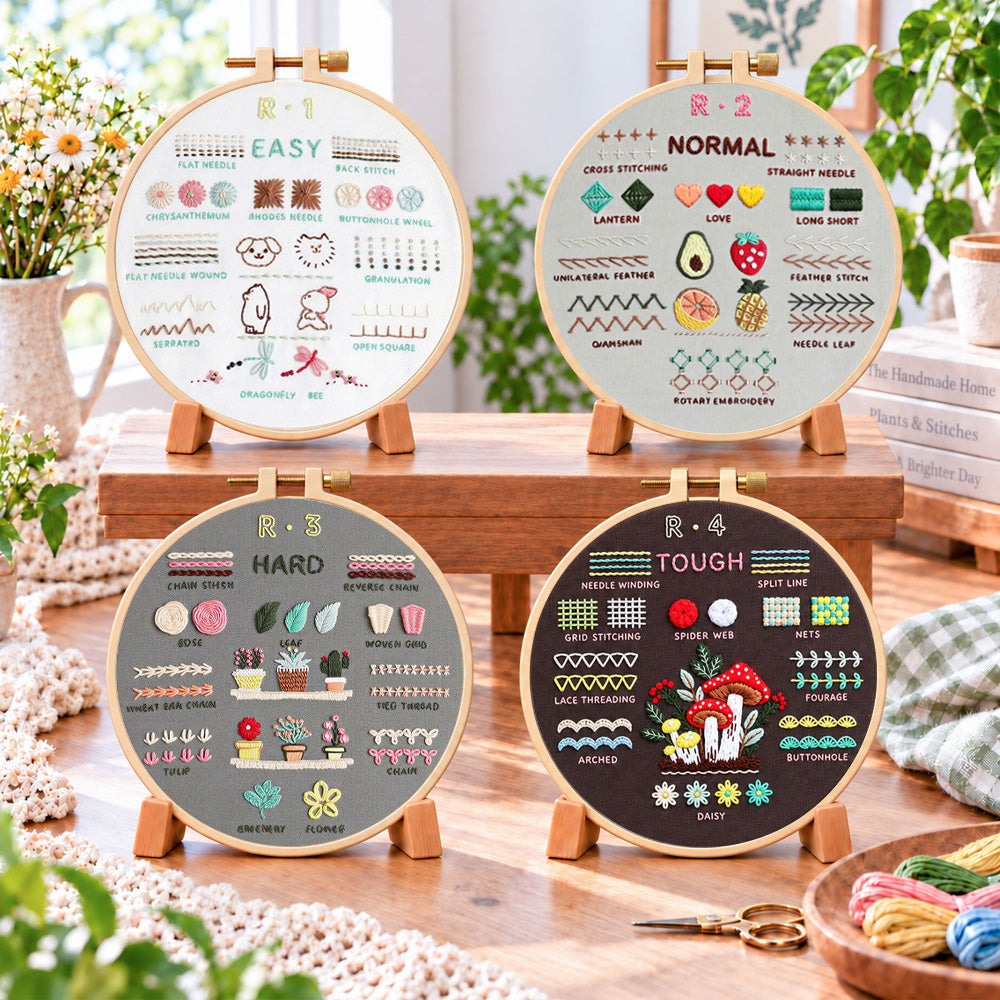 Hard embroidery stitch art embroidery kit finished hoop displayed on a wooden stand as cozy tabletop decor