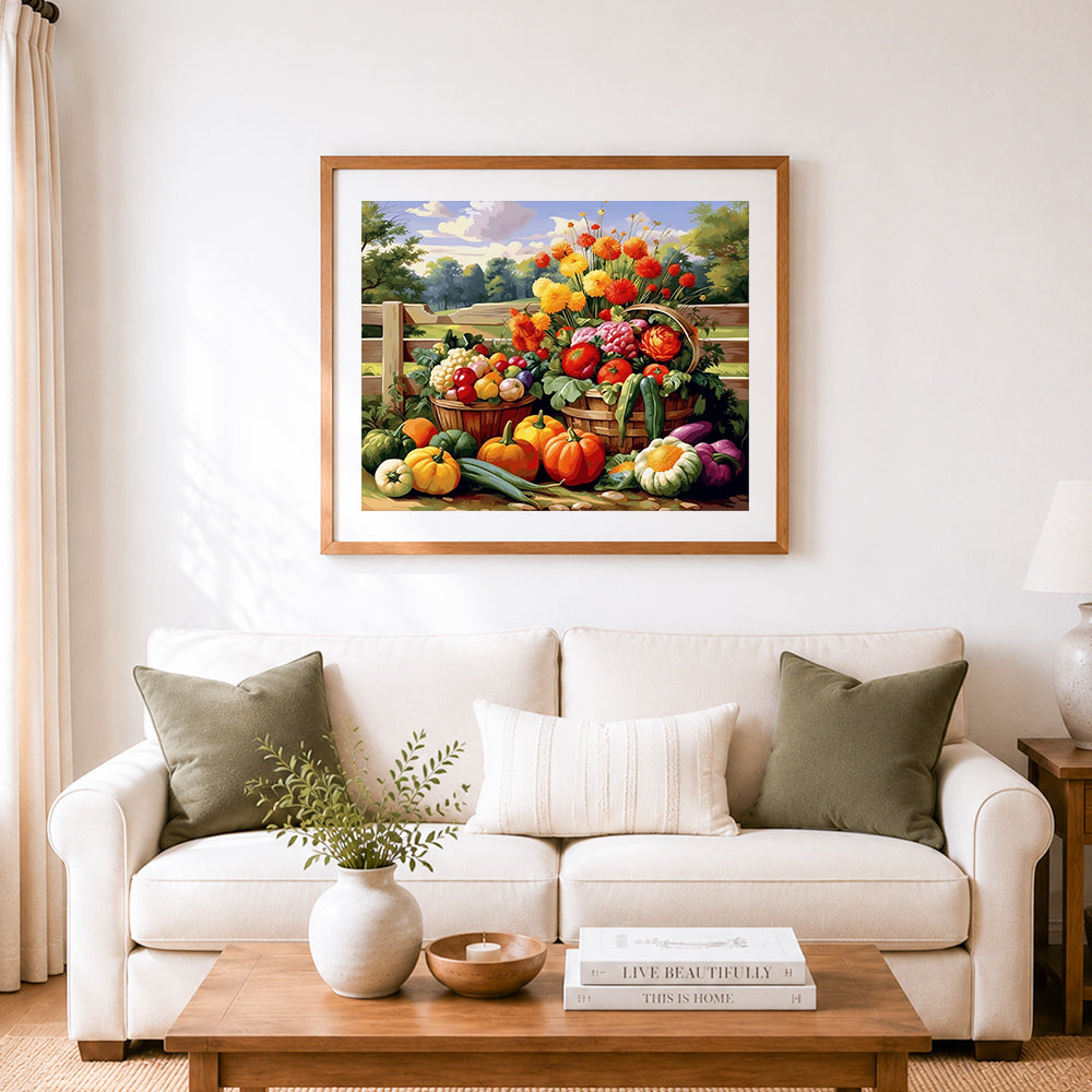 Finished harvest garden vegetable basket cross stitch artwork displayed as home decor