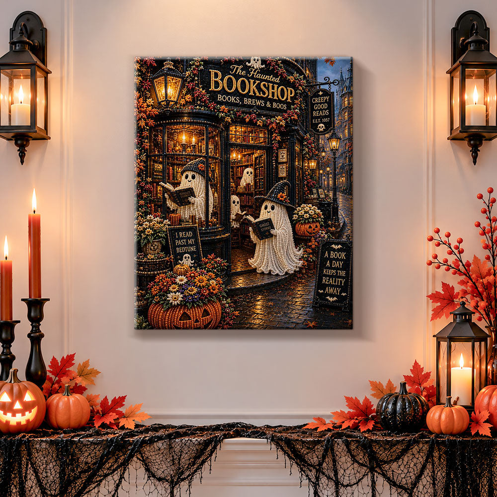 Finished haunted bookshop with reading ghosts pearl diamond painting artwork displayed as holiday home decor