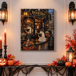 Finished haunted bookshop with reading ghosts pearl diamond painting artwork displayed as holiday home decor