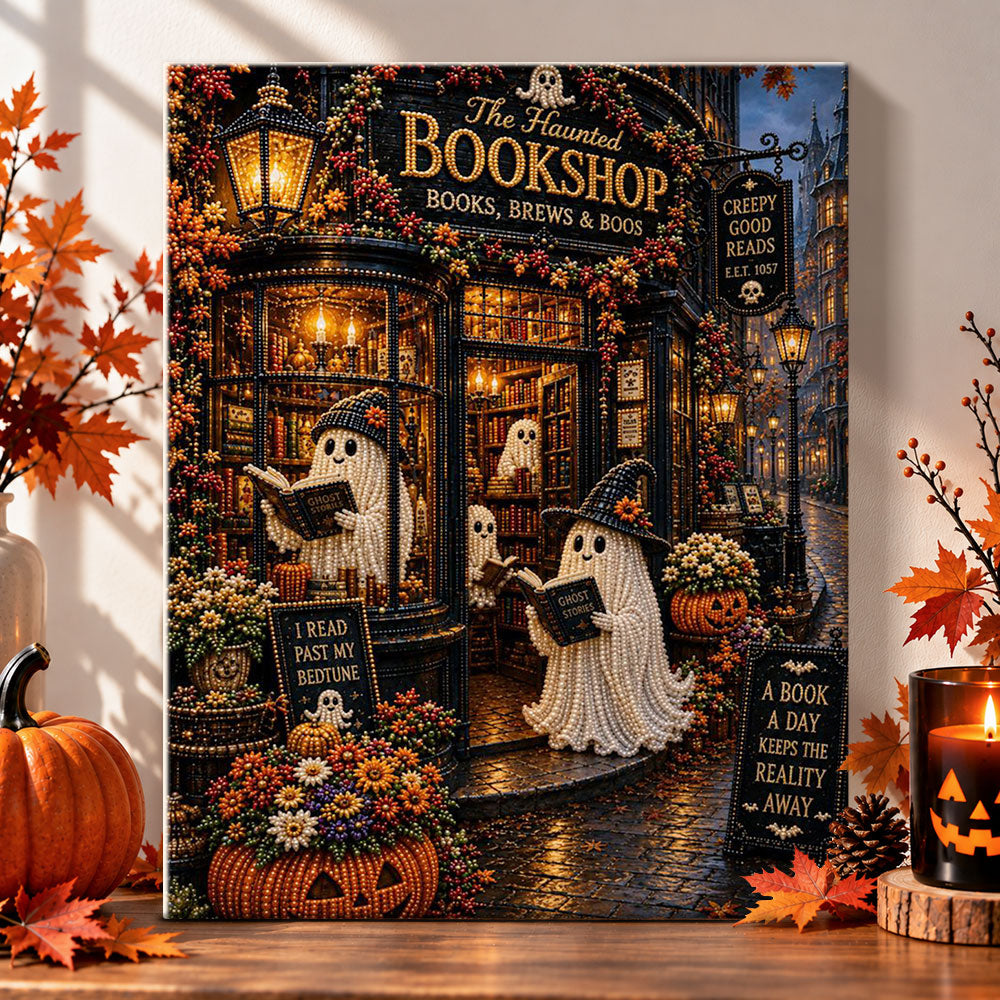 Haunted bookshop with reading ghosts pearl diamond painting kit for beginners
