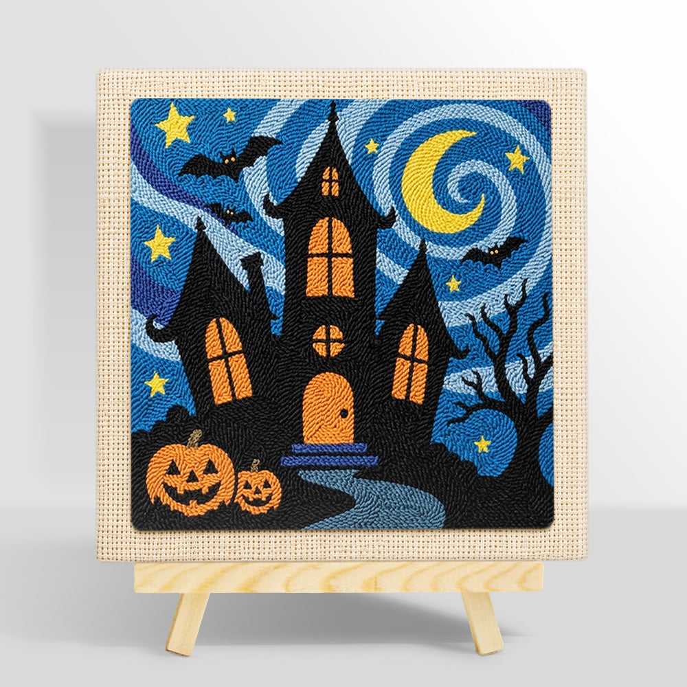 Haunted house night scene punch needle kit for beginners