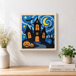 Finished haunted house night scene artwork displayed on a wall
