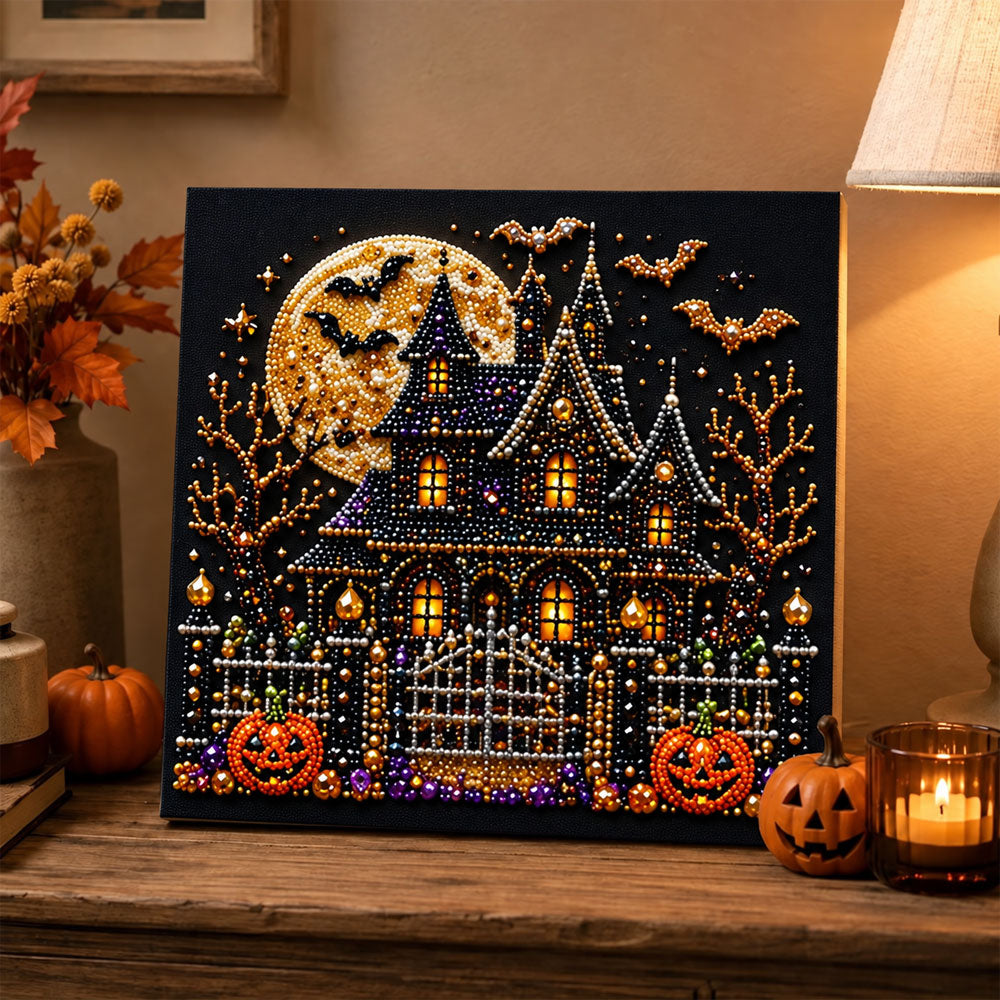 Finished haunted house under full moon pearl diamond painting artwork displayed as holiday home decor