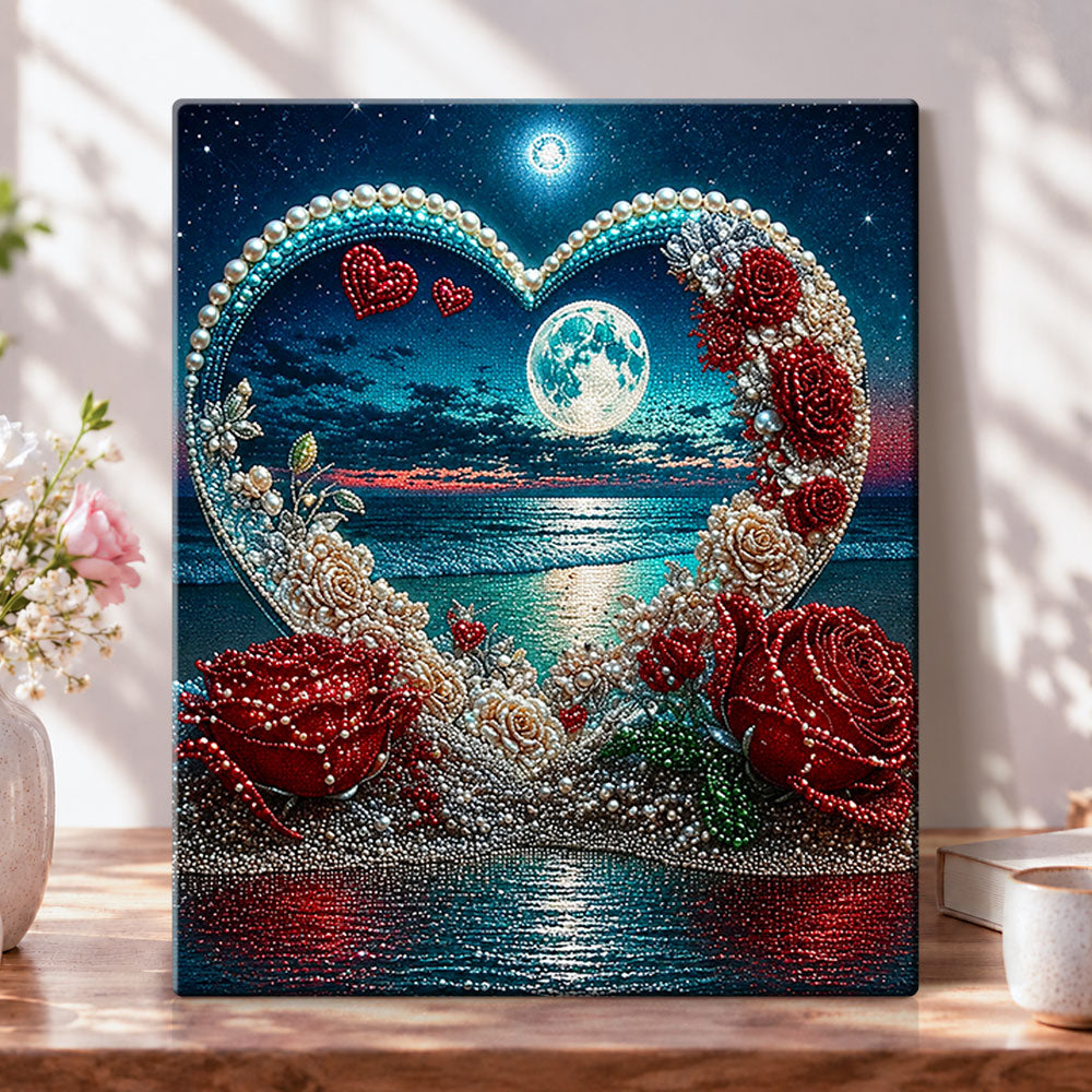 Heart roses and moonlit sea pearl diamond painting kit for beginners