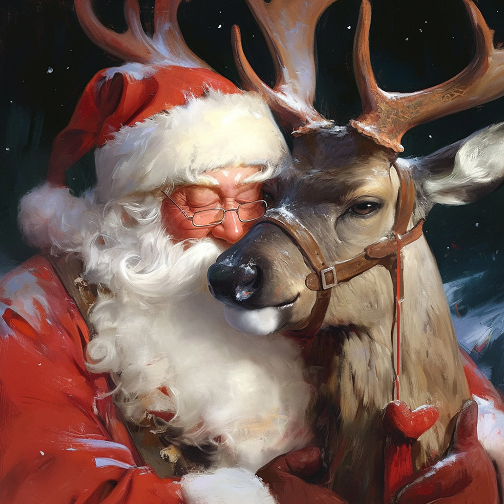 Heartwarming santa hugging reindeer cross stitch kit for beginners
