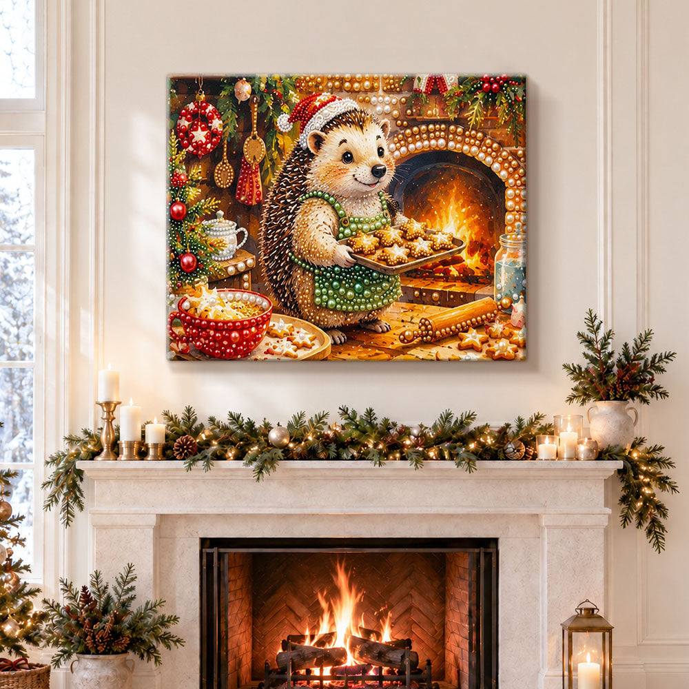 Finished hedgehog baking christmas treats pearl diamond painting artwork displayed as holiday home decor