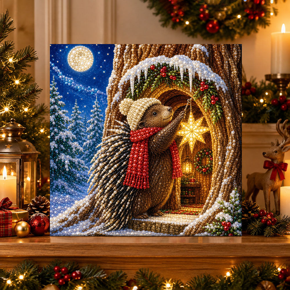Finished hedgehog decorating star light pearl diamond painting artwork displayed as holiday home decor