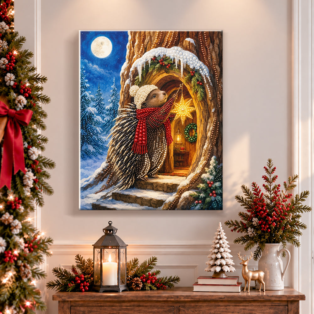 Finished hedgehog hanging star light pearl diamond painting artwork displayed as holiday home decor