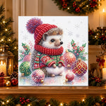 Finished hedgehog in christmas outfit pearl diamond painting artwork displayed as holiday home decor