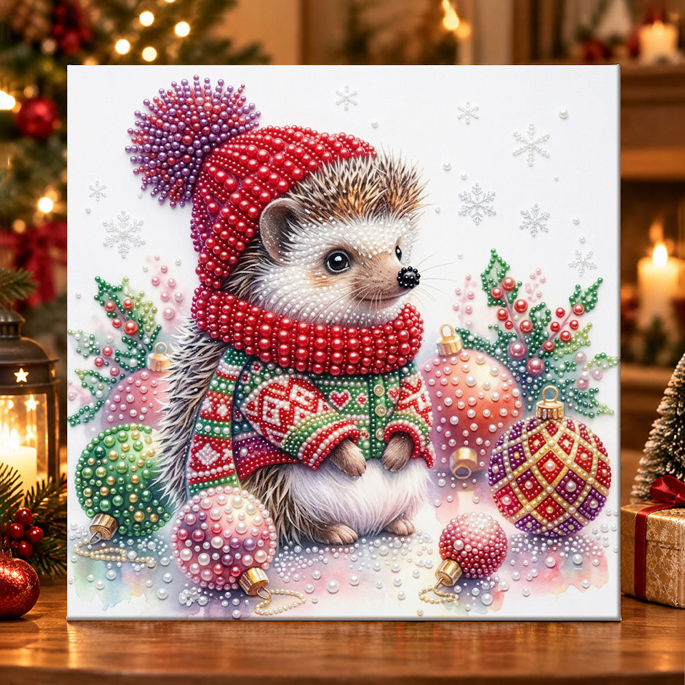 Hedgehog in christmas outfit pearl diamond painting kit for beginners