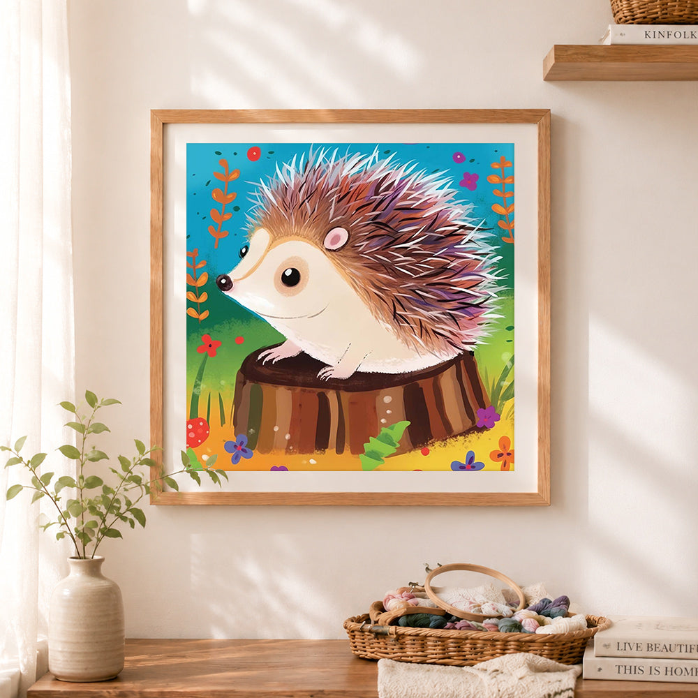 Finished hedgehog on tree stump cross stitch artwork displayed as home decor