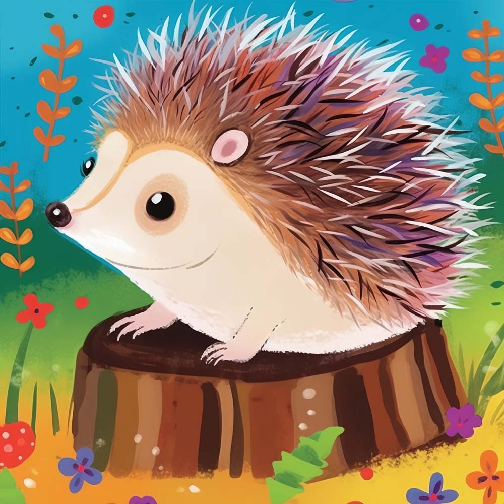 Hedgehog on tree stump cross stitch kit for beginners