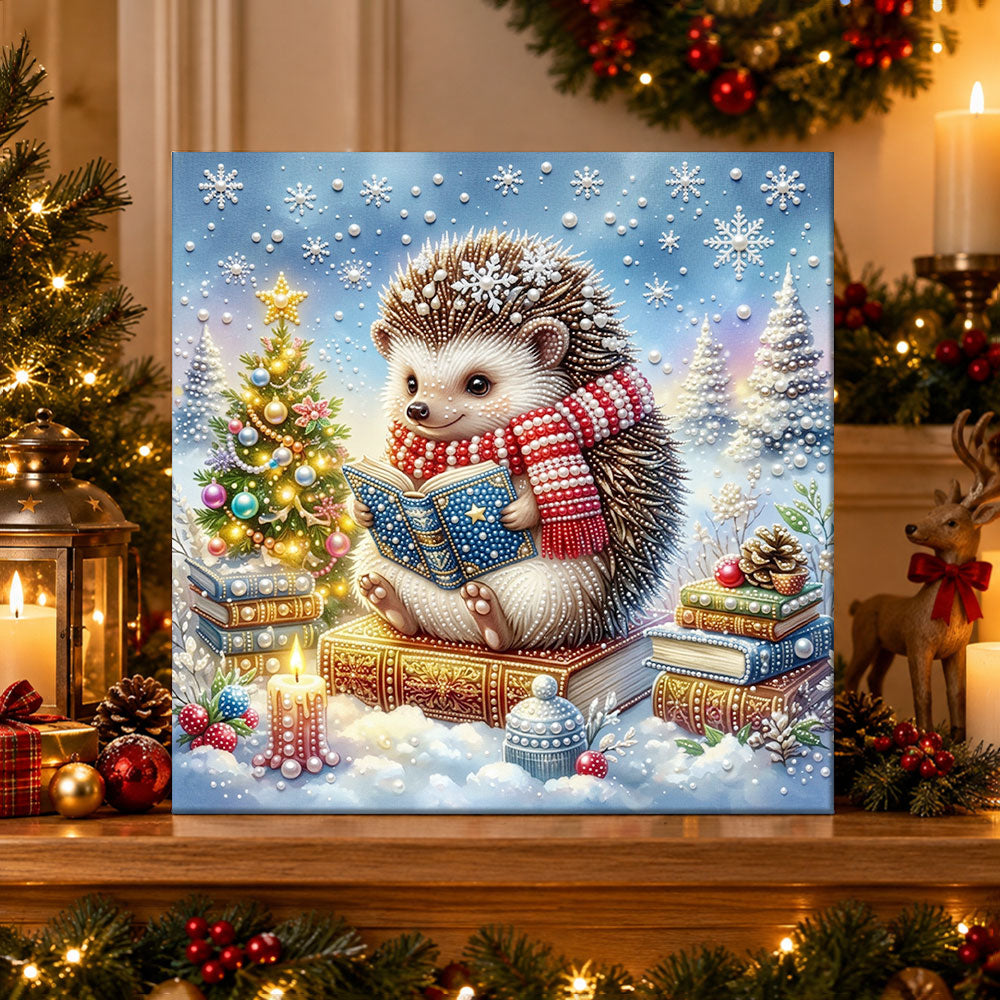 Finished hedgehog reading christmas book pearl diamond painting artwork displayed as holiday home decor
