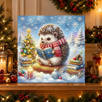 Finished hedgehog reading christmas book pearl diamond painting artwork displayed as holiday home decor