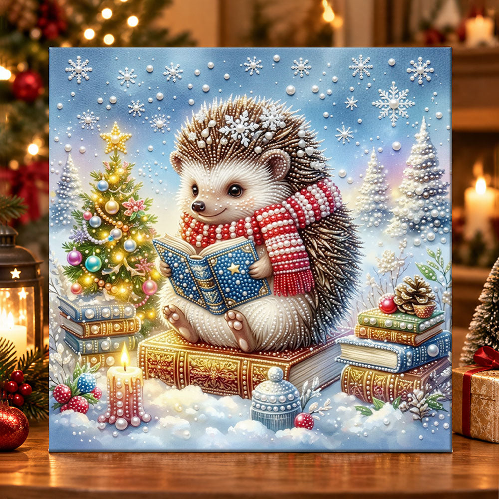 Hedgehog reading christmas book pearl diamond painting kit for beginners